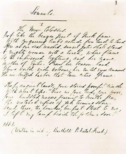 El manuscrito original del poema "El Nuevo Coloso"