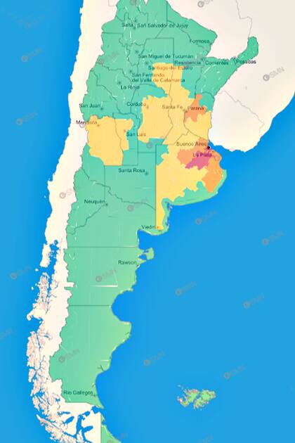 El mapa actualizado con las zonas en alerta amarilla, naranja y roja