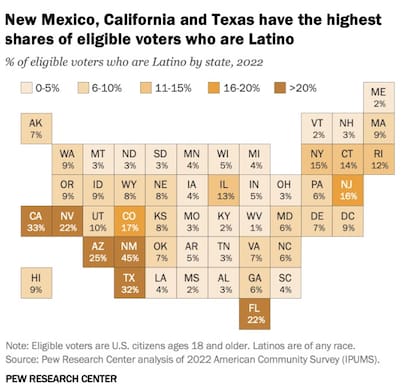 El mapa con el porcentaje de votantes latinos en cada estado de EE.UU.