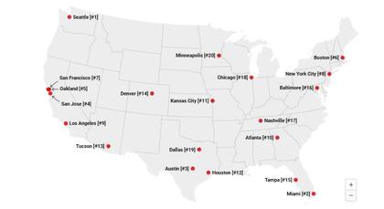 El mapa con las 20 ciudades más inteligentes elaborado por Newsweek con base en la información de ProptechOS para 2024
