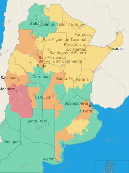 El mapa con las alertas por calor este lunes.