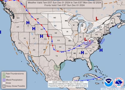 El mapa con las nevadas de este domingo en EE.UU.