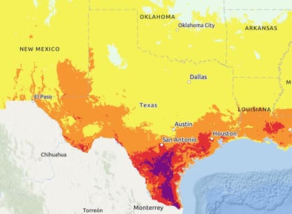 El mapa con los distintos niveles de riesgo por calor extremo en Texas