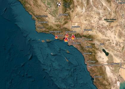 El mapa con los incendios activos alrededor de Los Ángeles