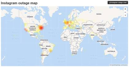 El mapa con los incidentes reportados de problemas en Instagram