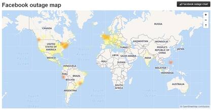 El mapa con los incidentes reportados de problemas en Facebook