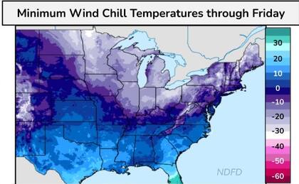 El mapa con temperaturas gélidas en EE.UU. durante las próximas horas