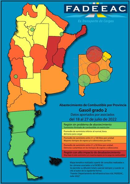 El mapa de abastecimiento de combustible segregado por provincias