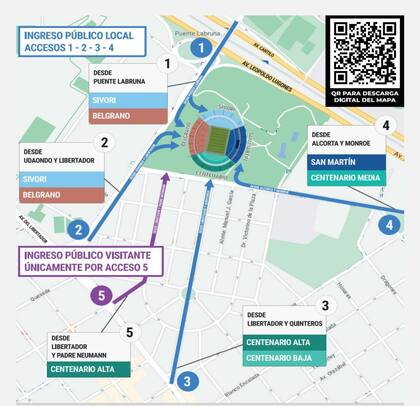 El mapa de accesos para el partido entre Argentina y Ecuador. Las puertas de estadio se abrirán a partir de las 17