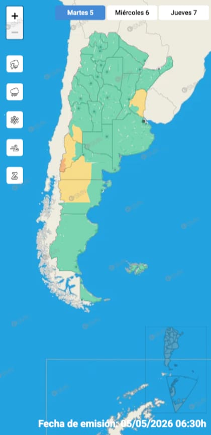 El mapa de alertas del SMN para este martes