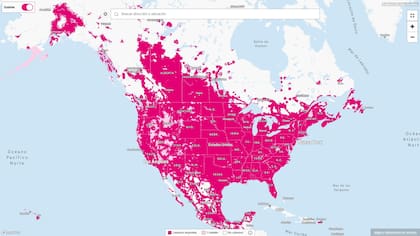 El mapa de cobertura de telefonía móvil de T-Mobile y de T-Satellite en América del Norte (T-Mobile)
