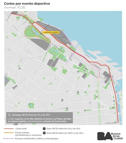 El mapa de cortes y restricciones de tránsito por la prueba del Ironman 70.30