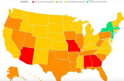 El mapa de Covid Act Now marca a Nueva York, Nueva Jersey y Massachusetts como los únicos estados en tener control sobre el avance del coronavirus