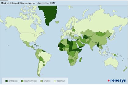 El mapa de desconexión según Renesys; los países de color más claro son más resistentes (tienen sus conexions más descentralizadas)