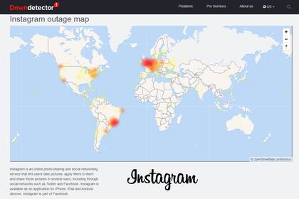 El mapa de Downdetector con los reportes de caídas en el servicio de Instagram