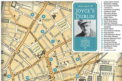 El mapa de Dublin con las referencias de los sitios que visitan los protagonistas de Ulises