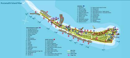 El mapa de Kuramathi Resort, que ocupa toda la isla de Kuramathi. Allí se ven las distintas opciones de alojamiento, sus restaurantes y sus piletas.