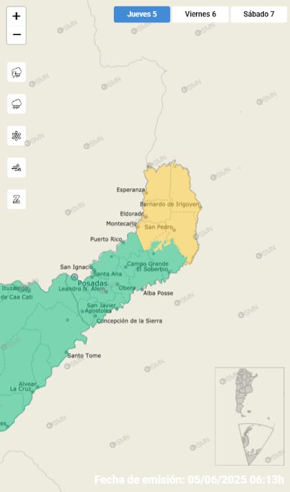 El mapa de la alerta por tormentas en Misiones.