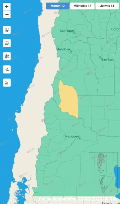 El mapa de la alerta por viento Zonda para este martes.
