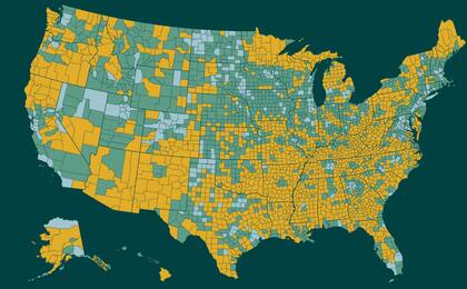 El mapa de la ayuda a través de subsidios en Estados Unidos. El área de mayor ayuda es mayormente rural y, el área de menores subsidios, celeste, es urbana. El verde marca una asistencia intermedia