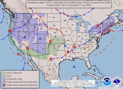 El mapa de la NWS indica lluvia y tormentas eléctricas en parte del sur y noroeste de EE.UU., así como la continuación de nevadas intensas en zonas montañosas