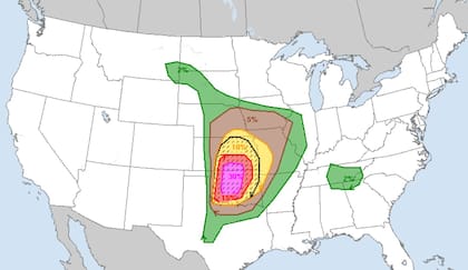 El mapa de la probabilidad de tornados en el centro de Estados Unidos para este lunes 6 de mayo
