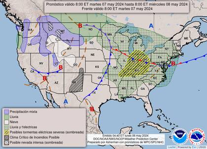El mapa de las alertas de la NOAA para este martes 7 de mayo