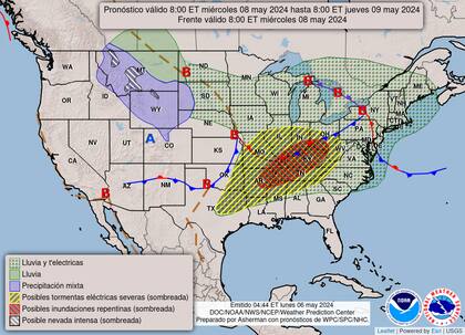 El mapa de las alertas de la NOAA para este miércoles 8 de mayo