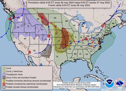 El mapa de las alertas de la NOAA para este lunes 6 de mayo