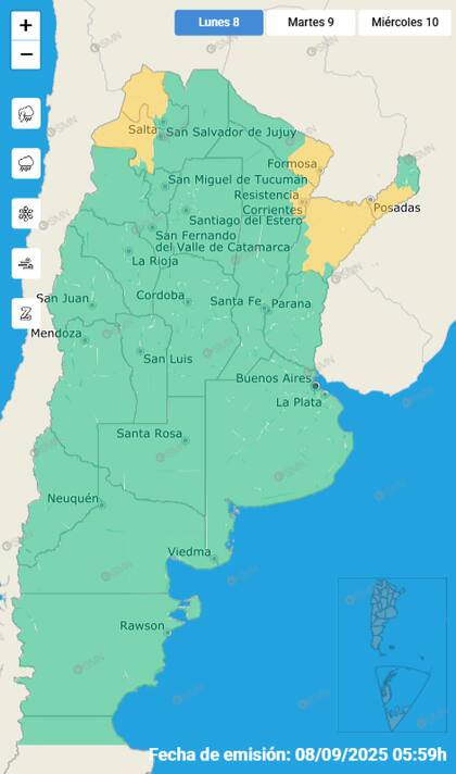 El mapa de las alertas para este lunes.