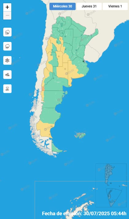 El mapa de las alertas para este miércoles.