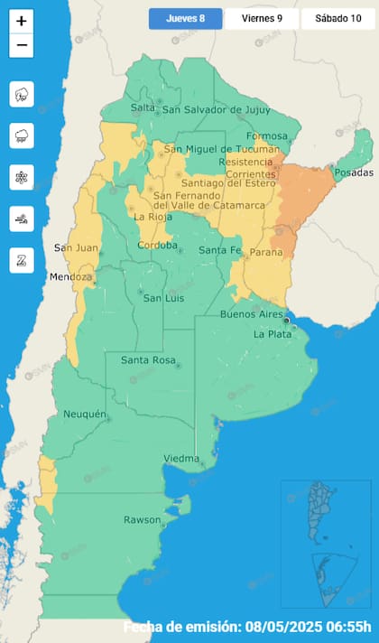 El mapa de las alertas para este jueves.