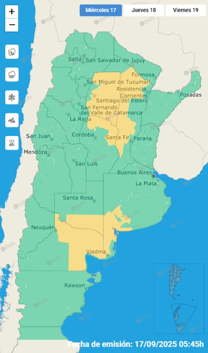 El mapa de las alertas para este miércoles.