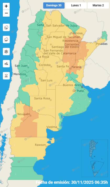 El mapa de las alertas para este domingo.