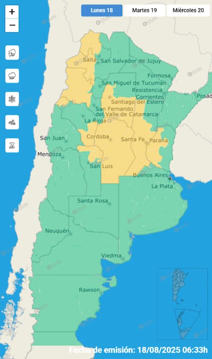 El mapa de las alertas para este lunes.