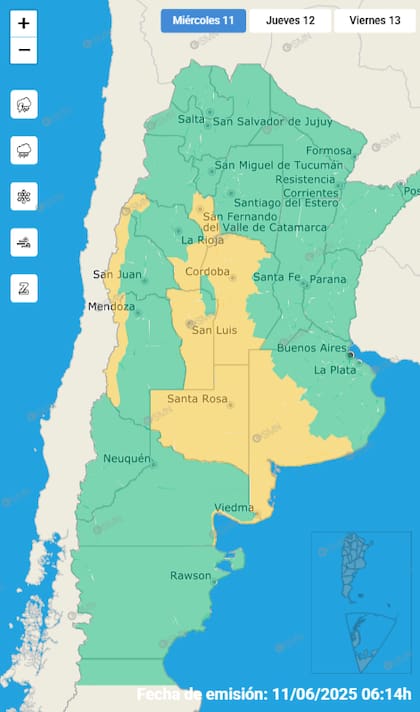 El mapa de las alertas para este miércoles.