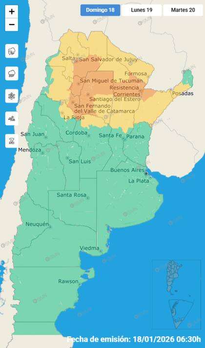 El mapa de las alertas para este domingo.