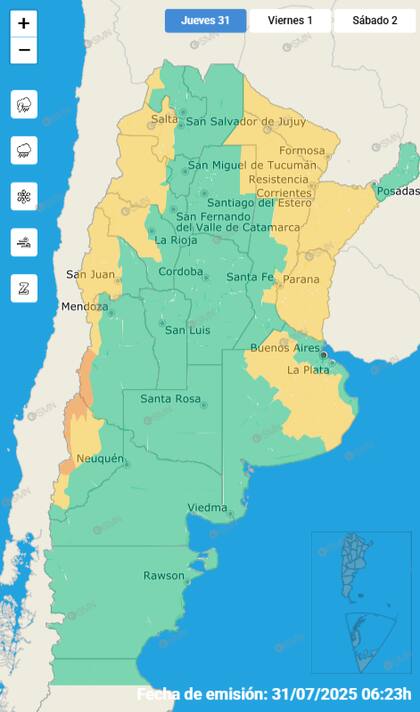 El mapa de las alertas para este jueves en todo el país.