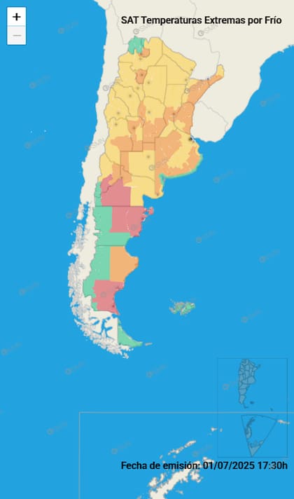 El mapa de las alertas por bajas temperaturas este miércoles.