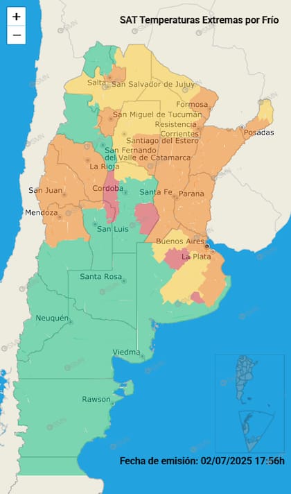 El mapa de las alertas por bajas temperaturas en todo el país.