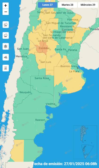 El mapa de las alertas por tormentas en el país.