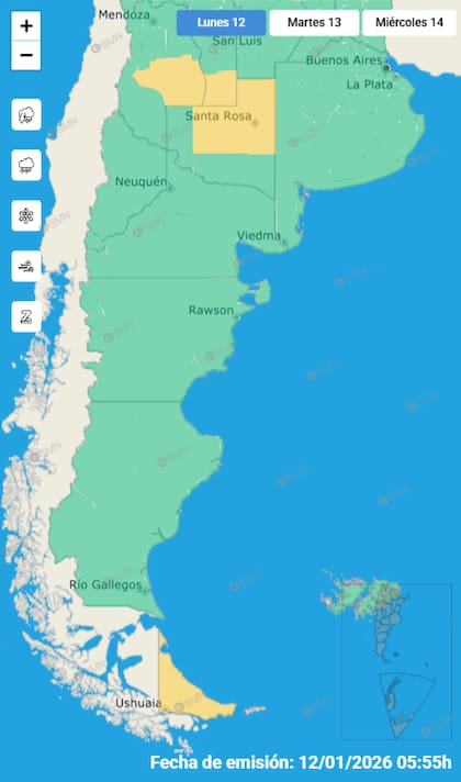 El mapa de las alertas por tormentas para este lunes.