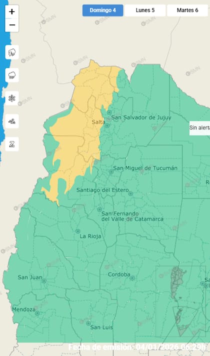El mapa de las alertas por tormentas para este domingo.
