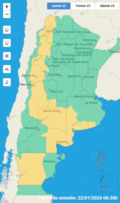 El mapa de las alertas por tormentas para este jueves.