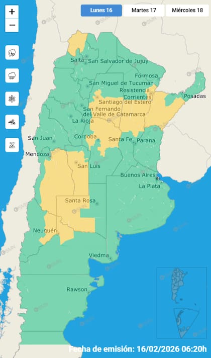 El mapa de las alertas por tormentas para este lunes.