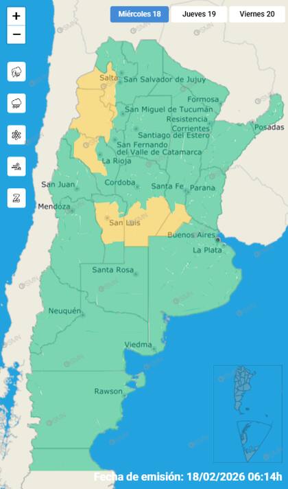 El mapa de las alertas por tormentas para este miércoles.