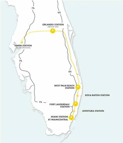 El mapa de las estaciones Brightline en el estado de Florida