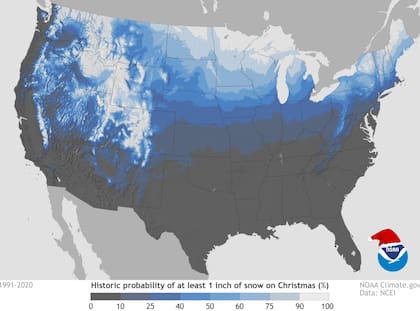 El mapa de las probabilidades de nieve en EE.UU. para esta Navidad 2024