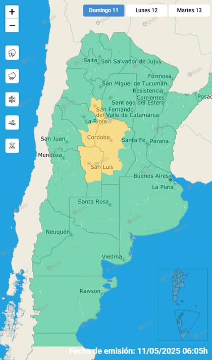 El mapa de las provincias afectadas por las alertas del SMN este domingo.