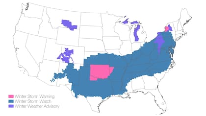 El mapa de las zonas afectadas por la tormenta invernal en Estados Unidos